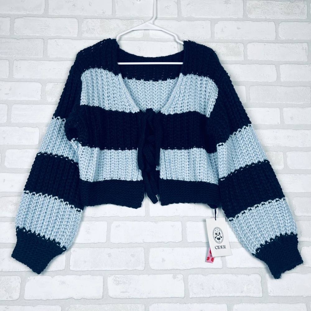 Cider Navy Light Blue Striped Chunky Knit Tie Front Cropped Cardigan XS NEW